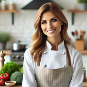 A friendly, professional female chef named Dashly, with a warm smile, dressed in a chef's coat and apron, in a bright, modern kitchen setting. She has