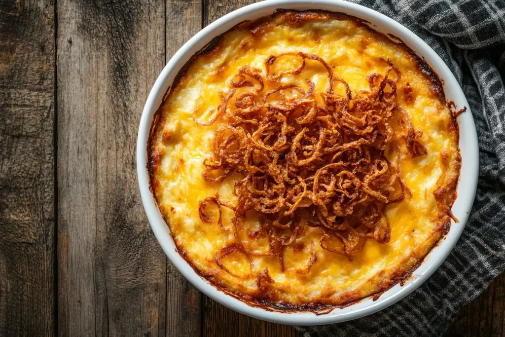 Classic green bean casserole in a baking dish