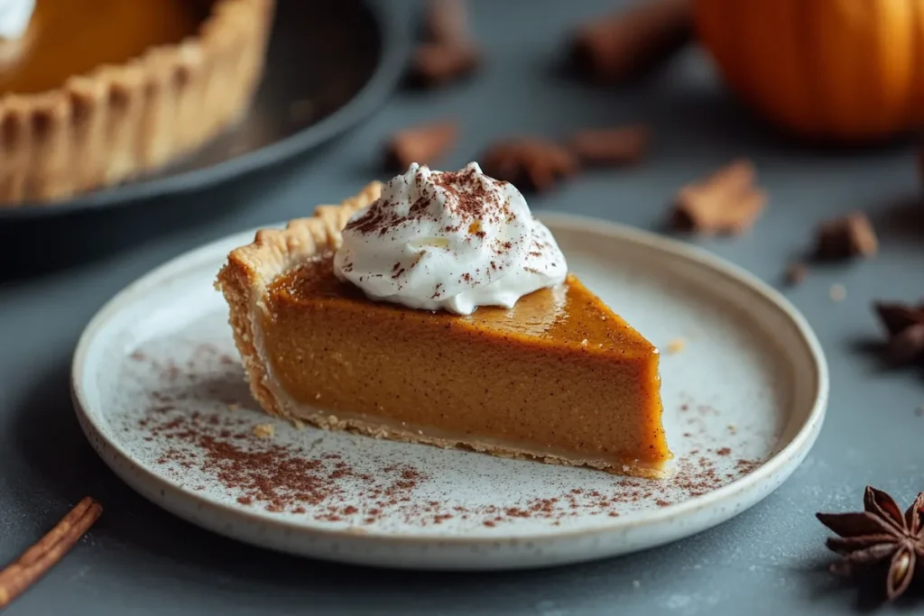 A slice of dairy free pumpkin pie on a plate