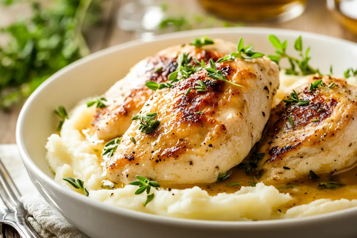 Creamy chicken and mashed potatoes close up