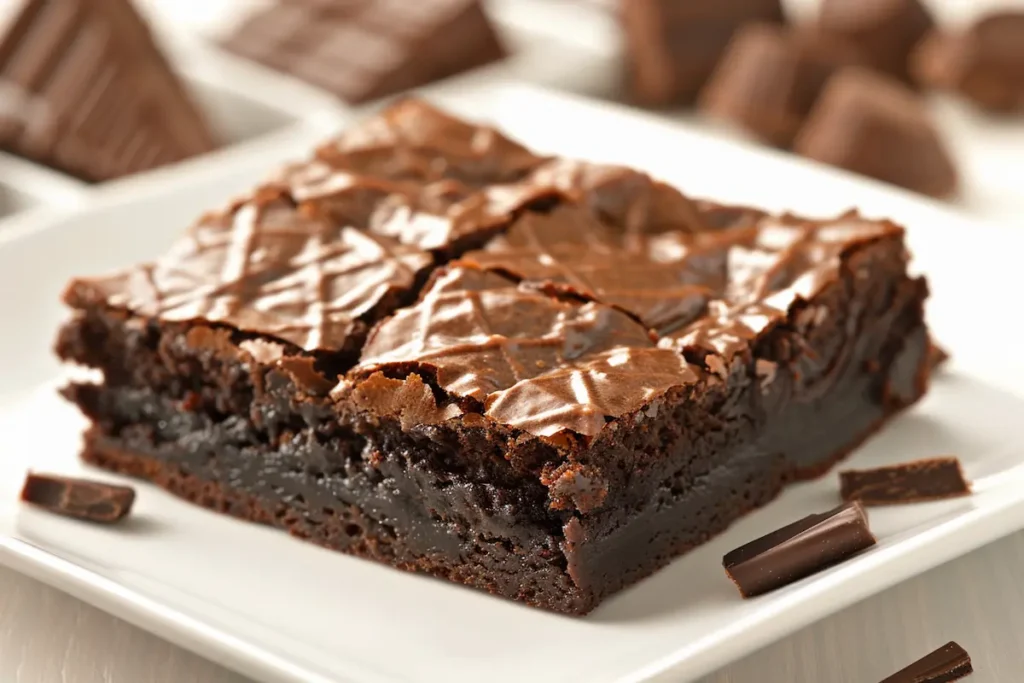 Close-up of a fudgy brownie on a white plate.