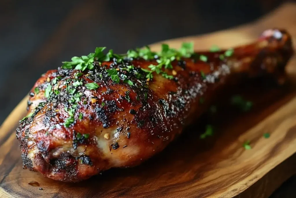 Roasted turkey leg recipe on a wooden board