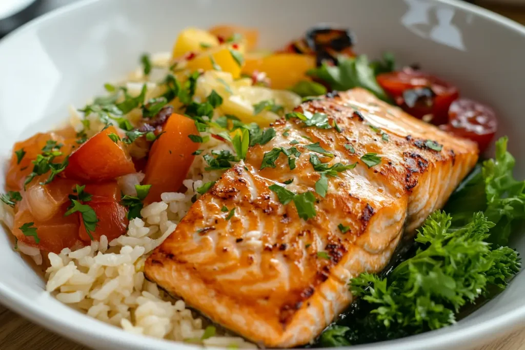 Delicious salmon and rice bowl with fresh vegetables.