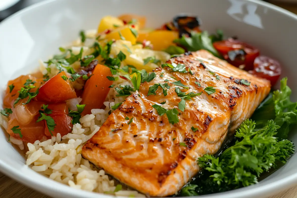 Delicious salmon and rice bowl with fresh vegetables.