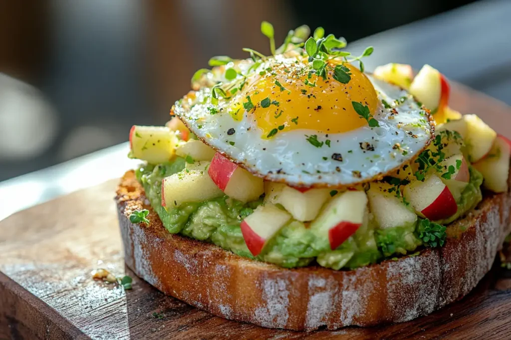 Avocado toast with egg and apple on toasted bread.