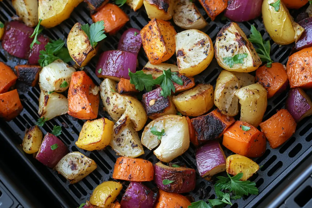 Roasted veggies in air fryer in a basket.