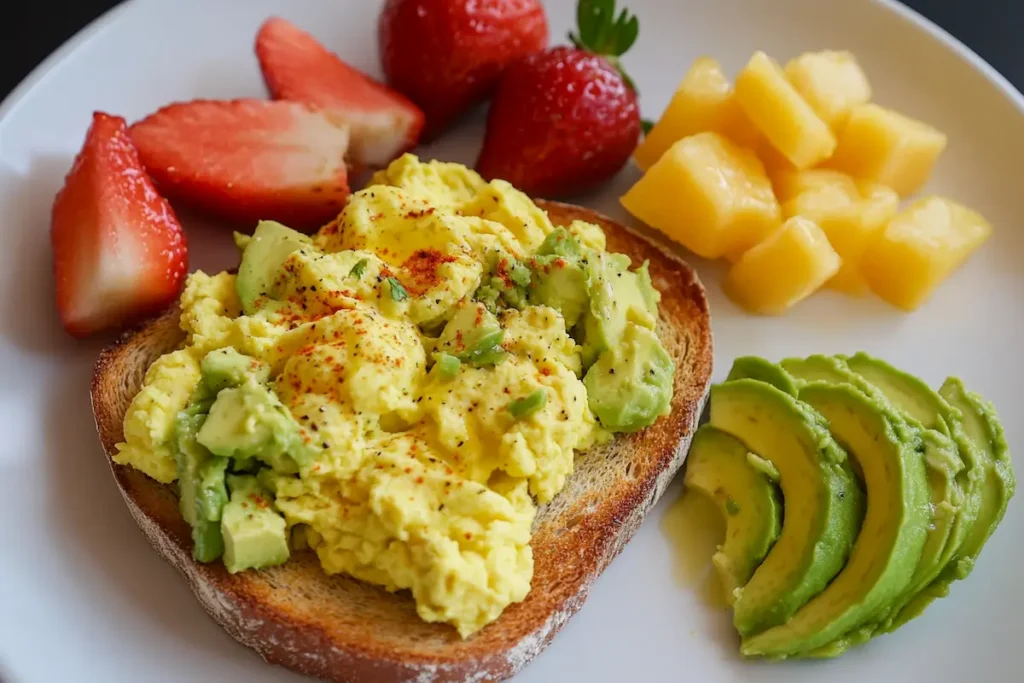 Delicious avocado and scrambled egg on toast.