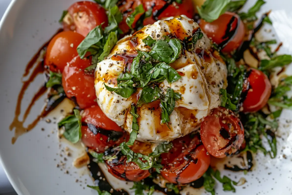 A delicious burrata caprese salad on a plate.