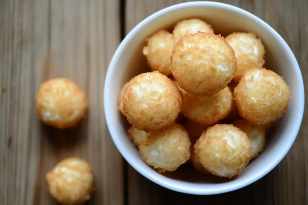 Close-up of caramel corn puffs in a bowl.