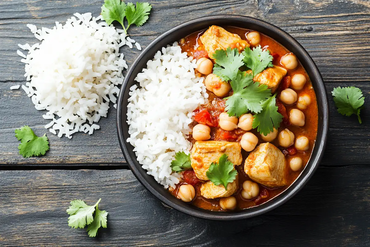 Bowl of chicken and chickpea curry