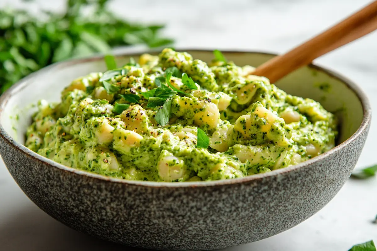 Delicious pesto pasta on a plate.