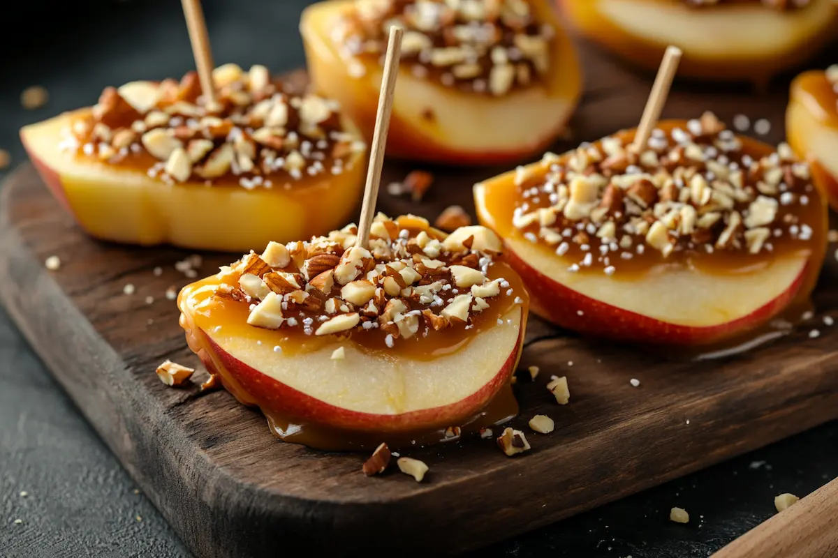 Delicious caramel apple slices with nuts and sprinkles.