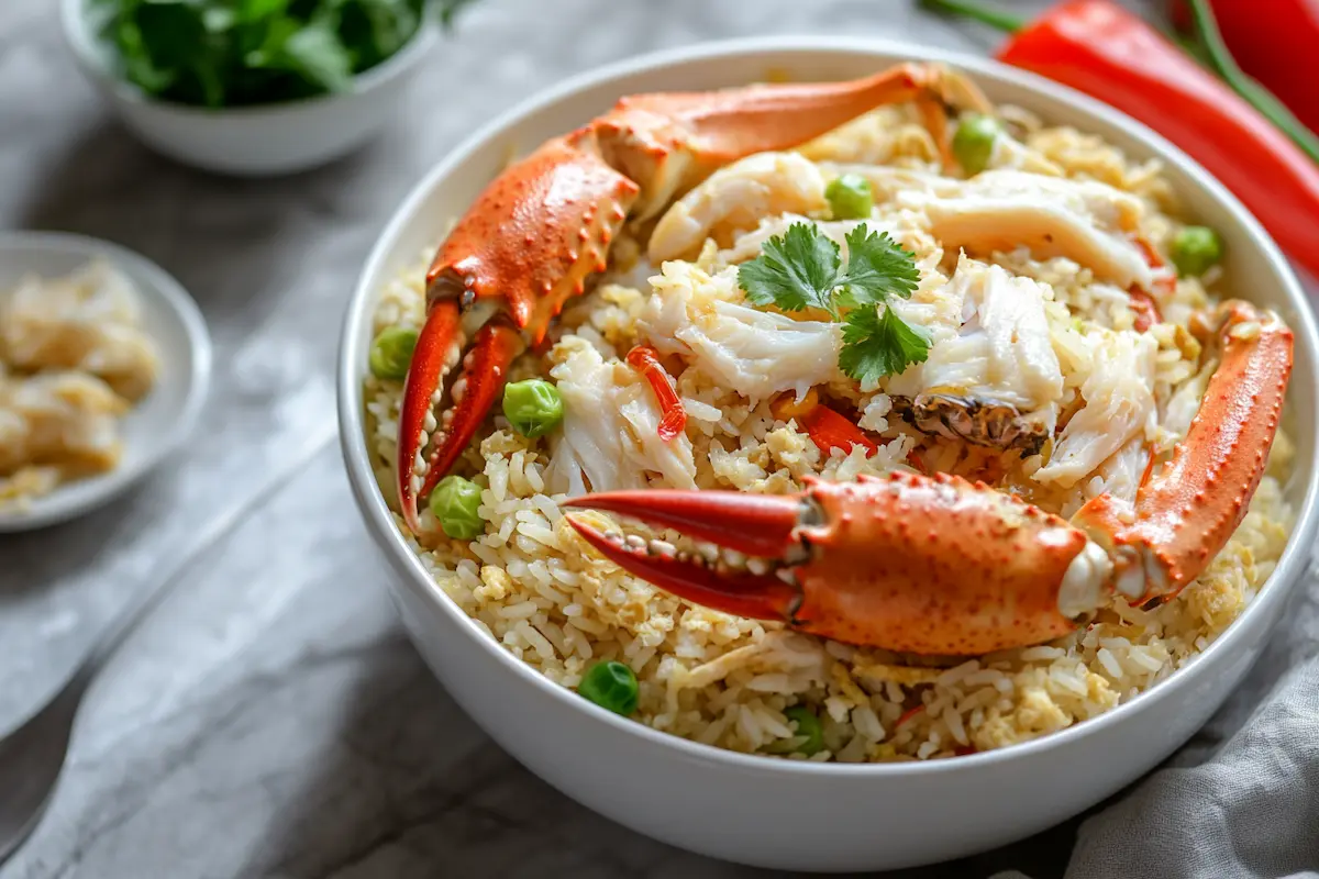 Delicious crab fried rice in a bowl.