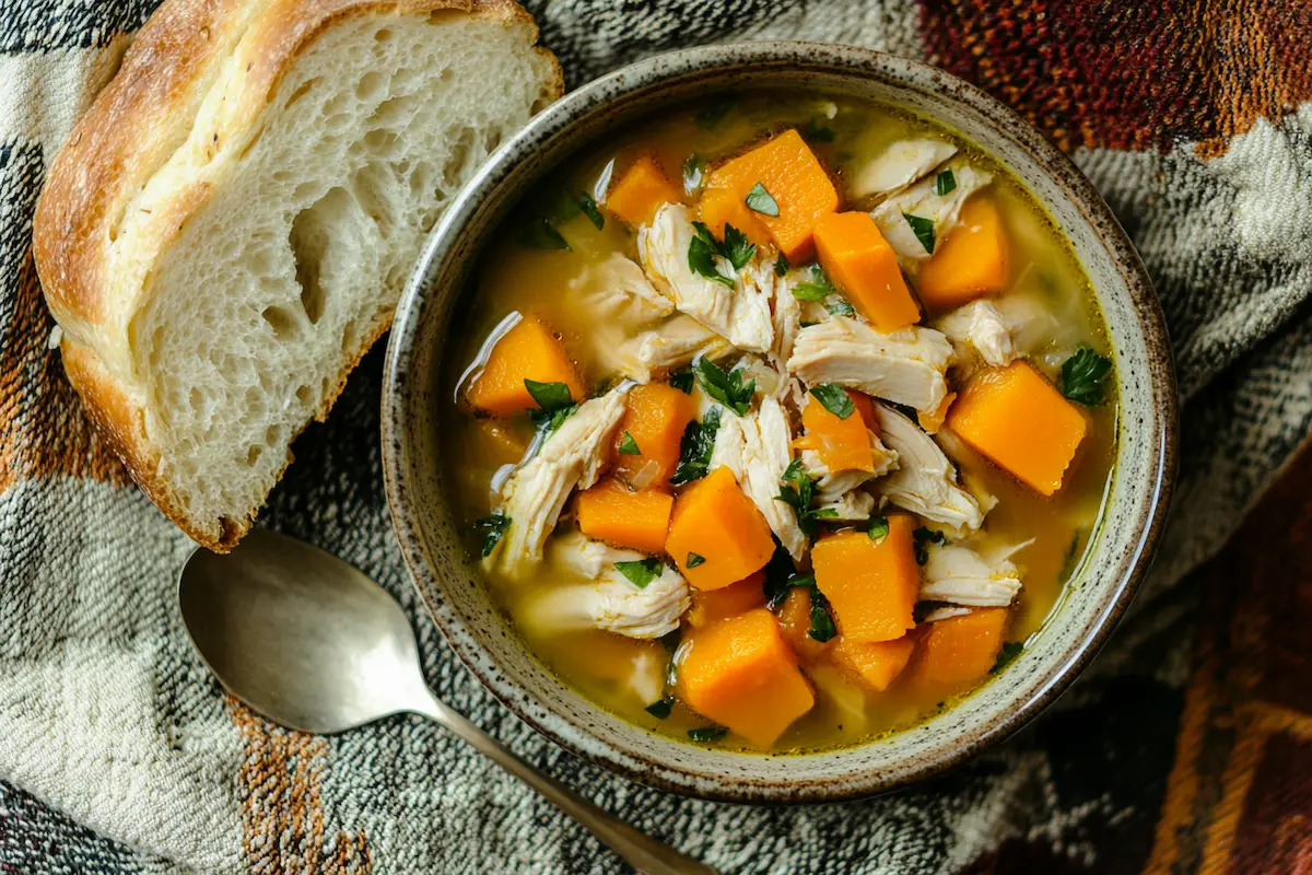 Delicious chicken butternut squash soup in a bowl.