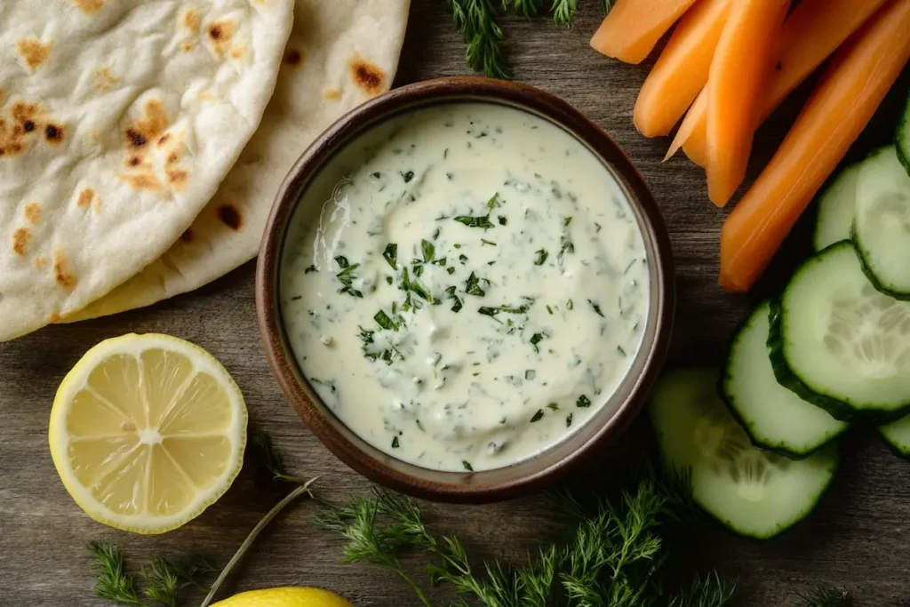 Lemon herb tahini drizzled over roasted vegetables.