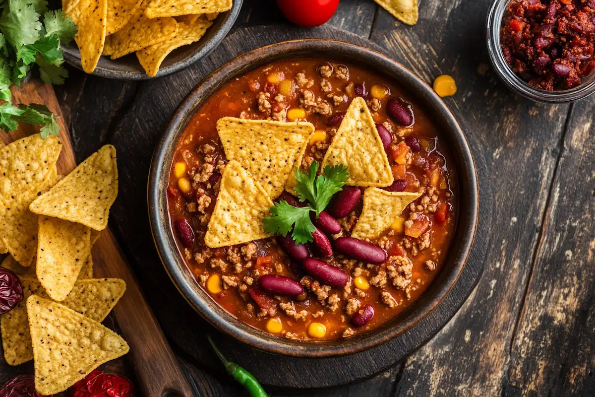 White turkey chili in a rustic bowl.