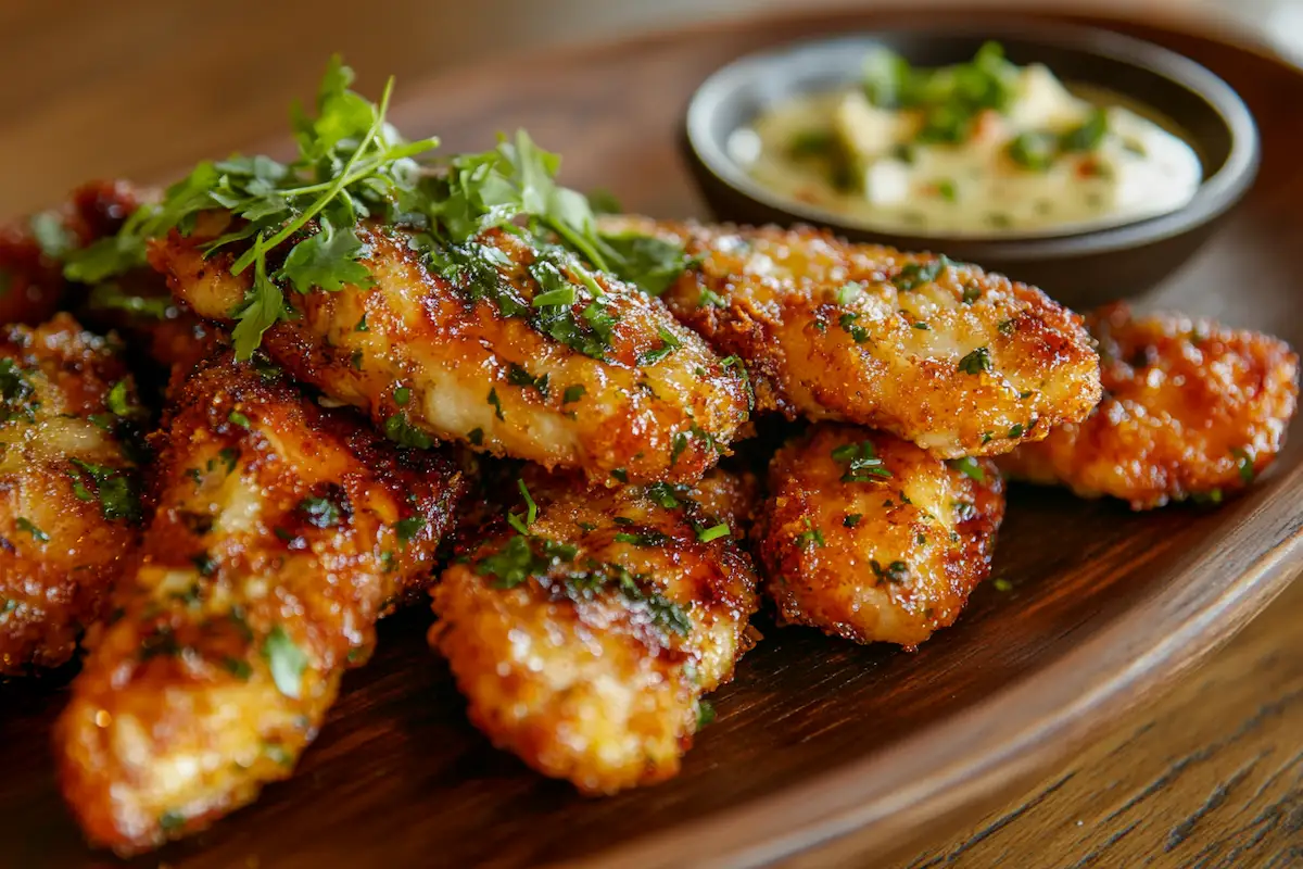 Delicious garlic butter chicken strips fried ready to eat.