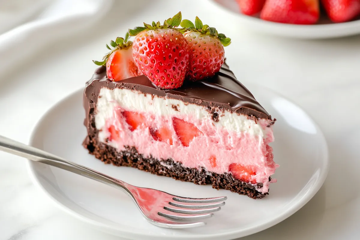 A beautiful chocolate covered strawberry cake on a white plate.