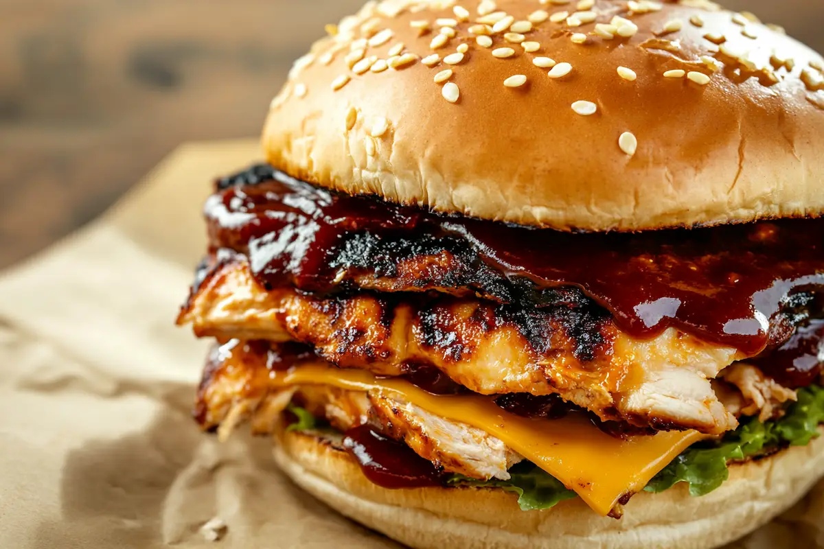 A tasty bbq chicken sandwich on a bun.