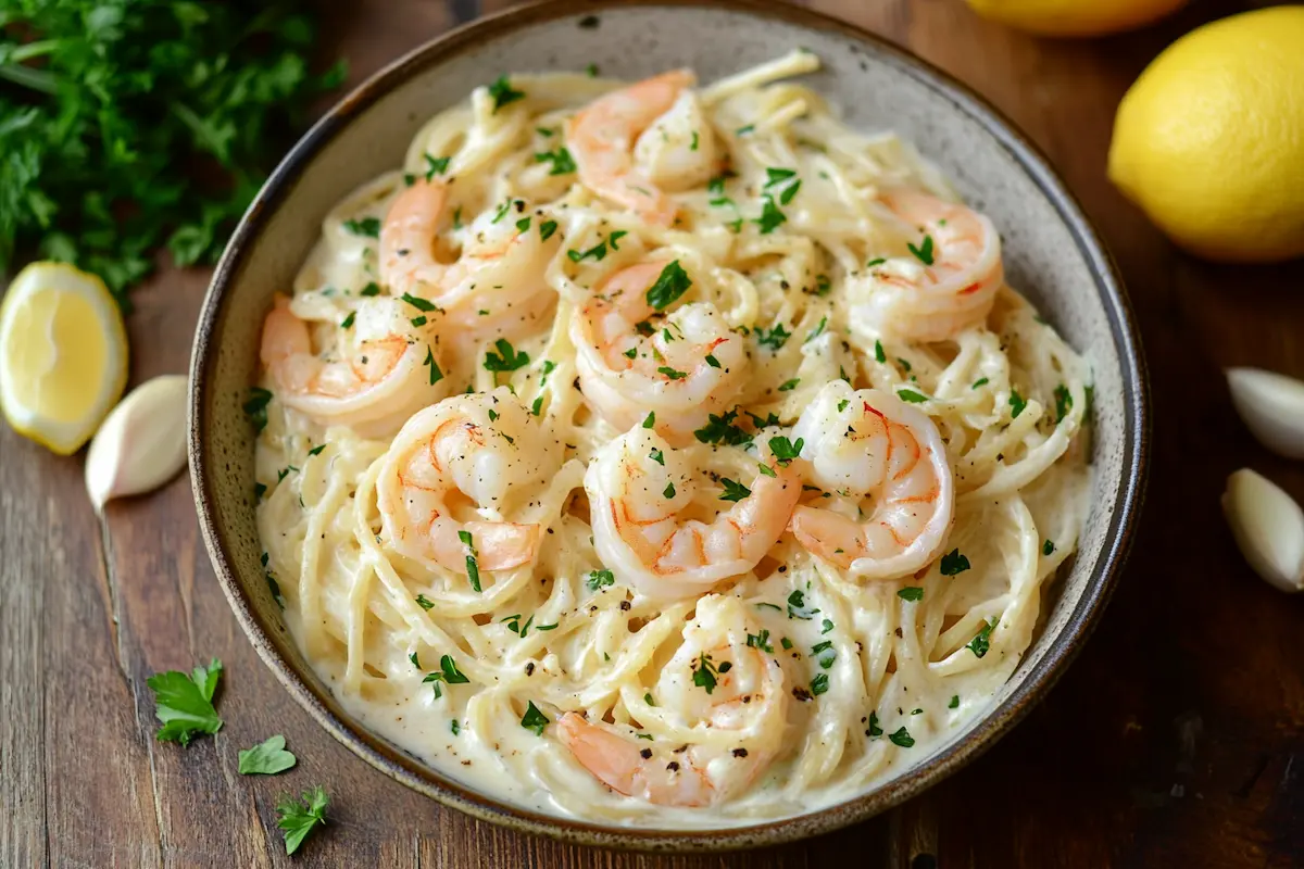 Creamy shrimp scampi dish served in a bowl.