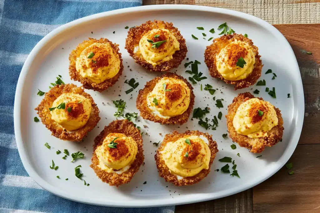 Crispy deep fried deviled eggs on a plate.