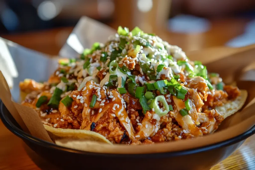 Firecracker ground chicken in a bowl with rice and vegetables.