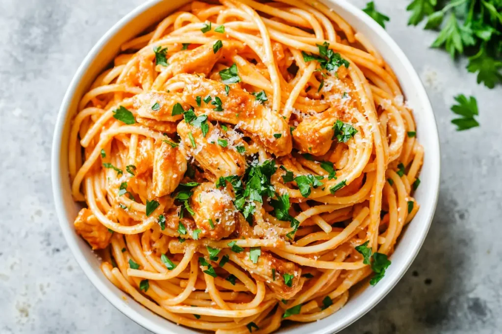 Garlic parmesan chicken pasta served in a bowl.