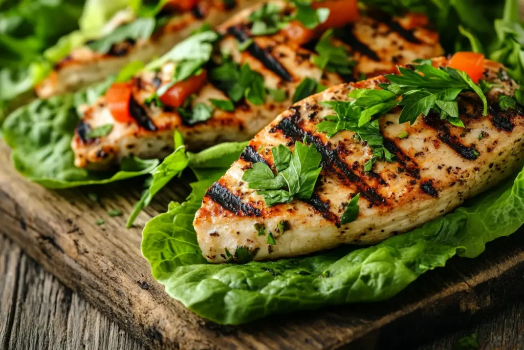 Grilled chicken lettuce wraps on a plate.