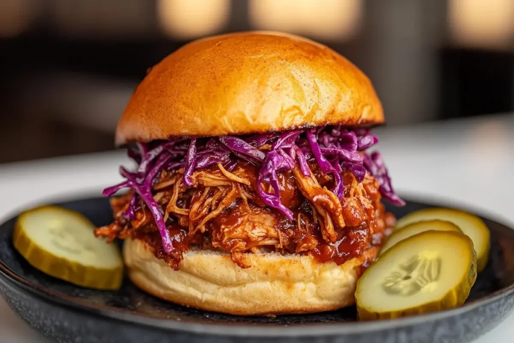 Instant Pot Pulled Chicken BBQ on a bun with coleslaw.