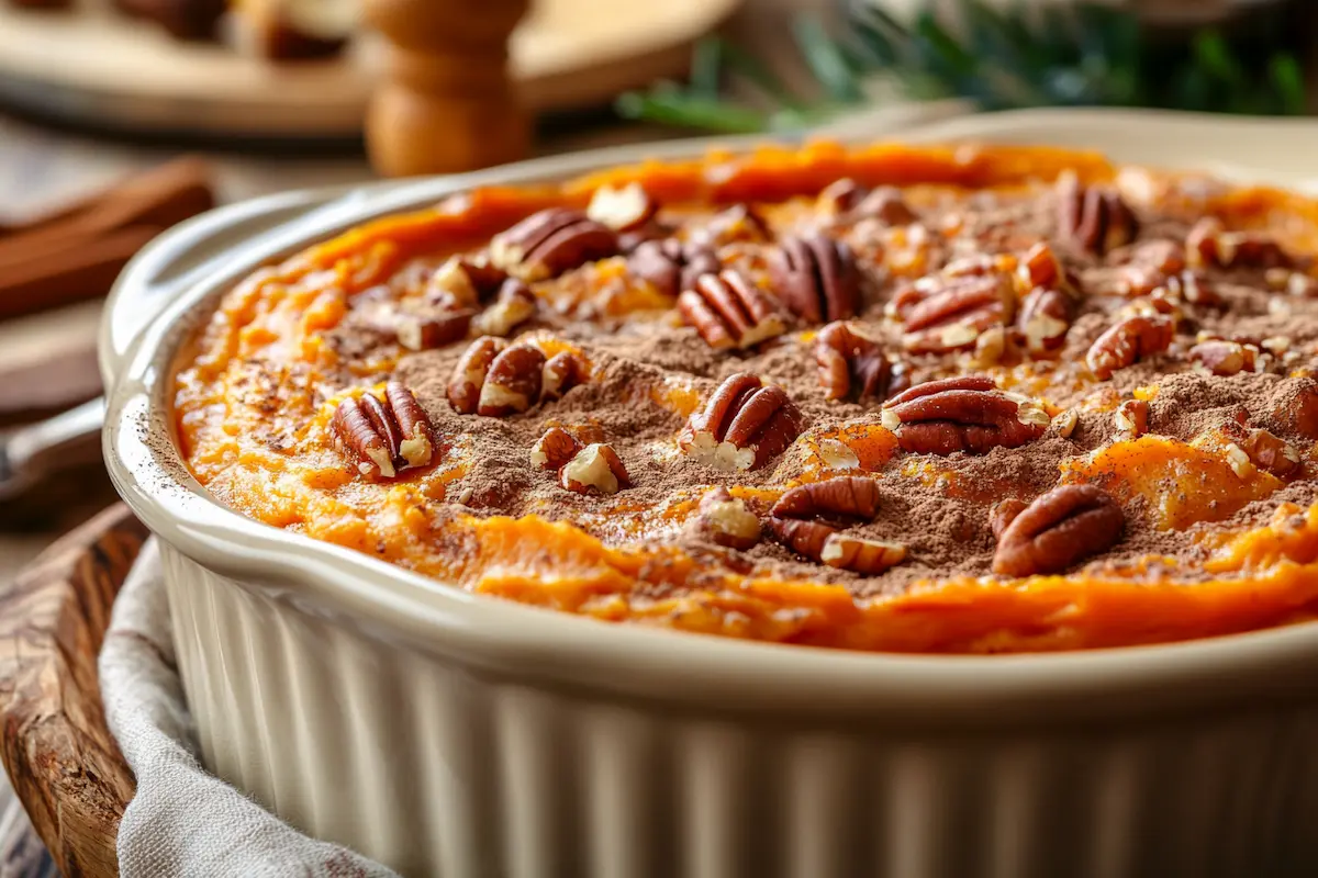 Old fashioned sweet potato casserole fresh from the oven