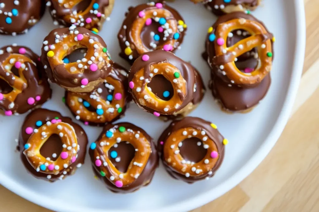 Creamy peanut butter pretzel bites on a platter.