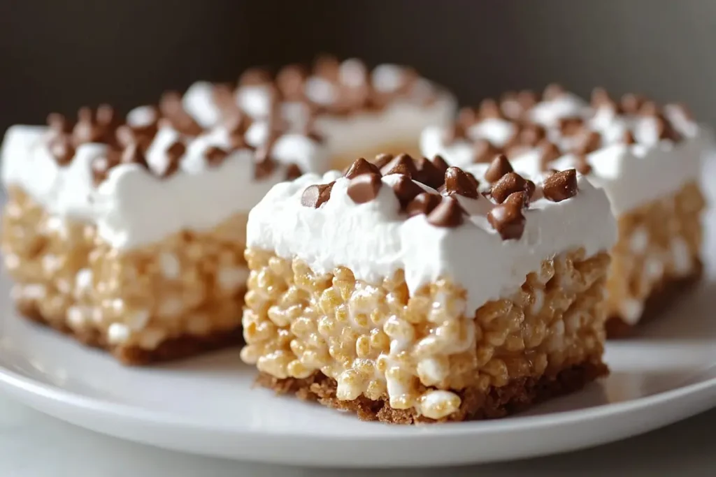 Rice krispie treats with marshmallow fluff displayed on a plate.