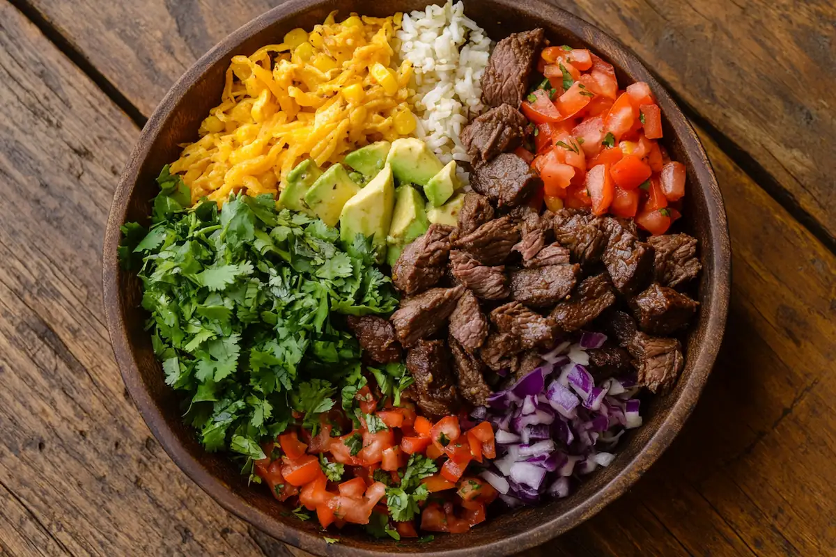 Beef burrito bowl recipe with fresh toppings.