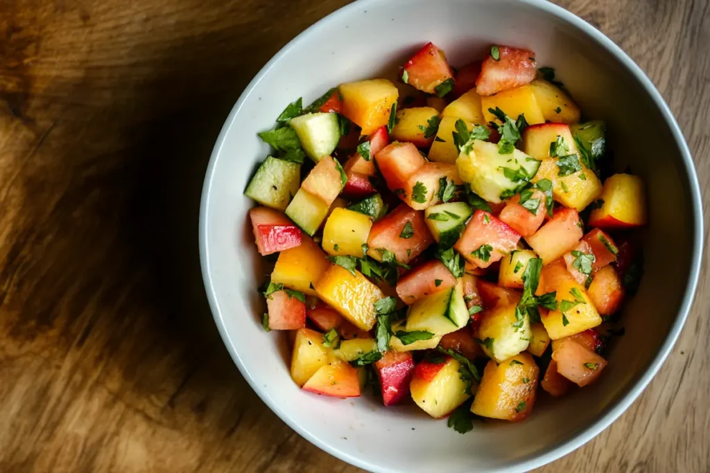 Fruit cocktail salad in a bowl, ready to serve.