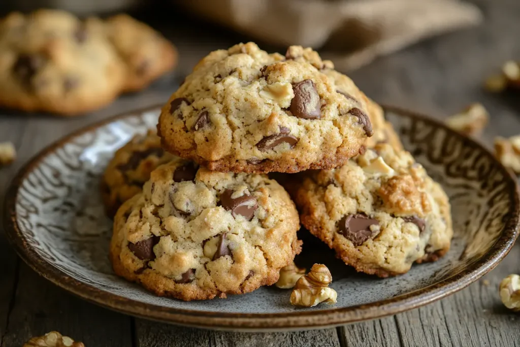 Delicious chocolate chip walnut cookies on a plate.