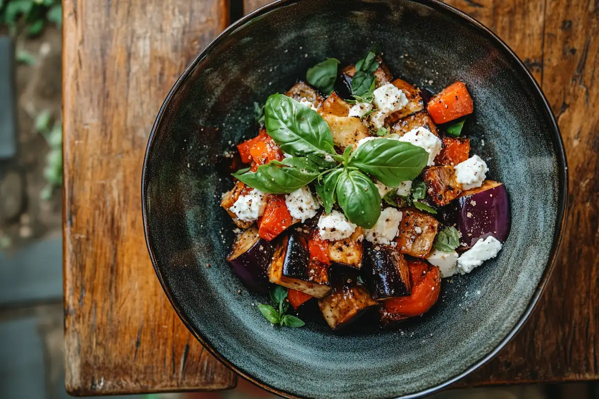 Grilled eggplant slices topped with feta cheese.