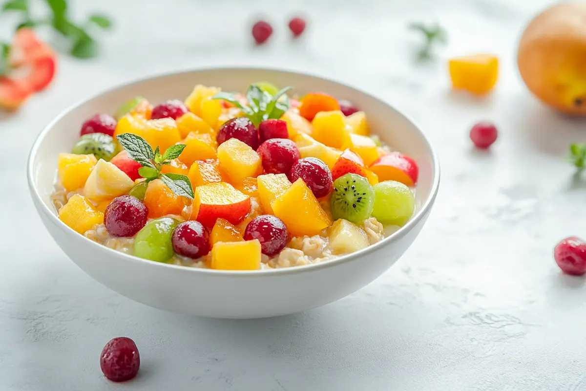 Bowl of oatmeal with fruit.