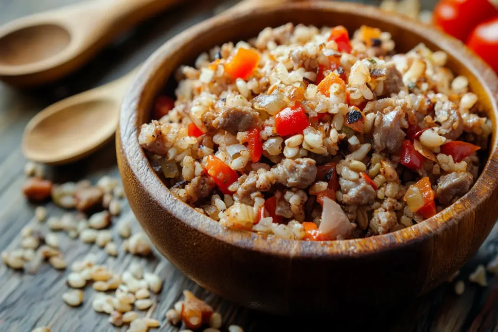 A bowl of quinoa rice garnished with colorful vegetables and fresh herbs.