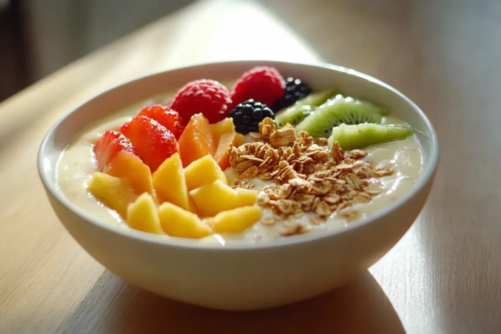 Tasty tropical smoothie bowl with fruits and granola.