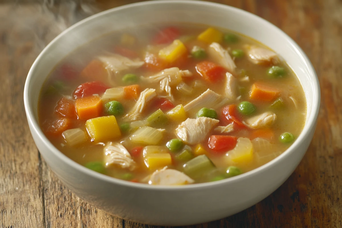 Chicken vegetable soup recipe in a bowl.