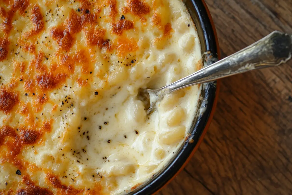 A bowl of creamy mac and cheese recipe served hot.