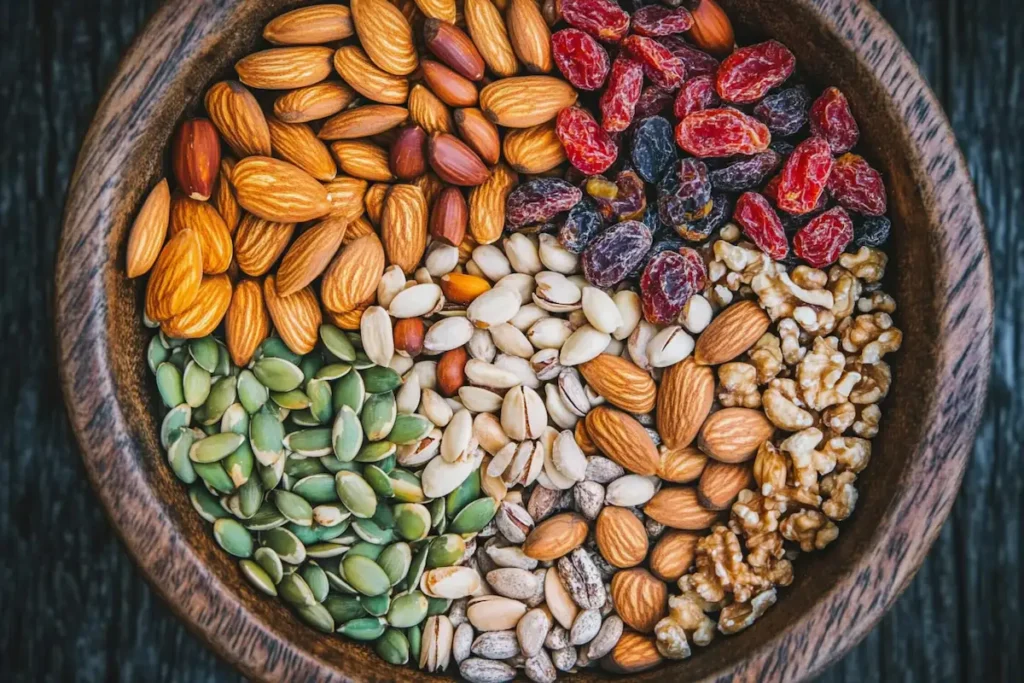 A colorful and nutritious trail mix recipe in a bowl.