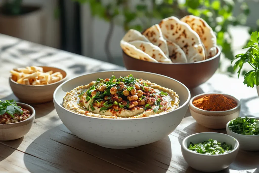 Delicious hummus and pita on a serving platter.