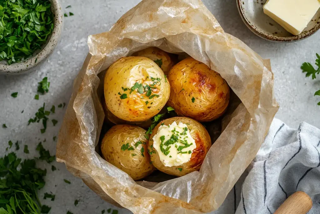 Microwave baked potato bag with cooked potatoes.