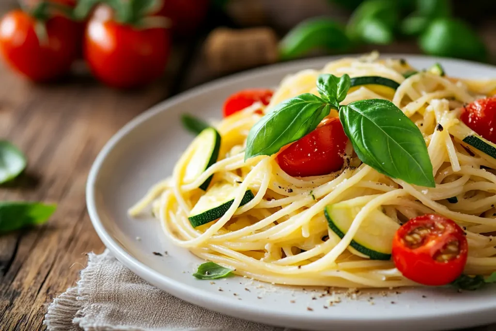 Pasta with zucchini and tomatoes served on a white plate.