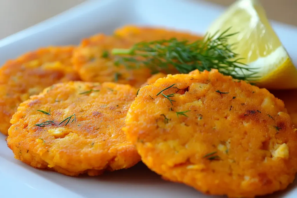 Gluten free salmon patties on a white plate ready to eat.