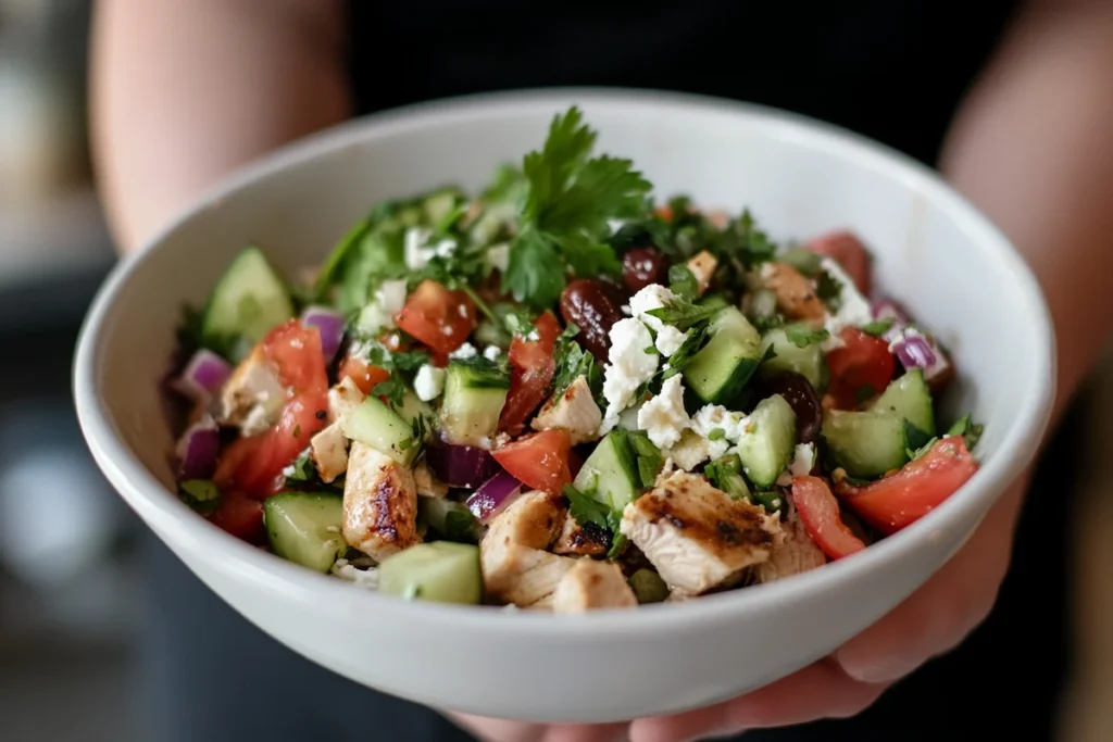 Greek chicken salad in a white bowl.