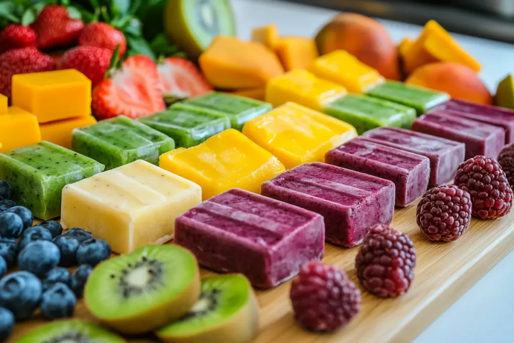 Delicious homemade smoothie popsicles on a wooden board.