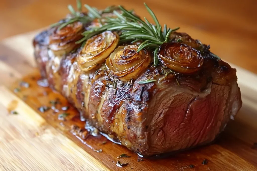 Delicious cooked lamb loin roast on a platter.