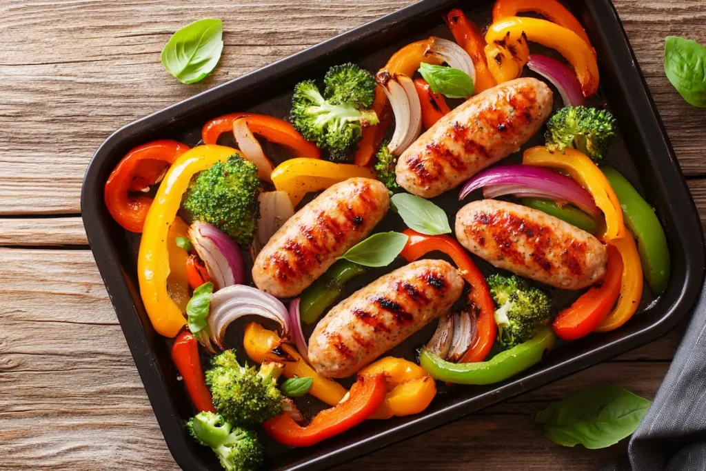 A prepared chicken sausage sheet pan meal served with a salad.